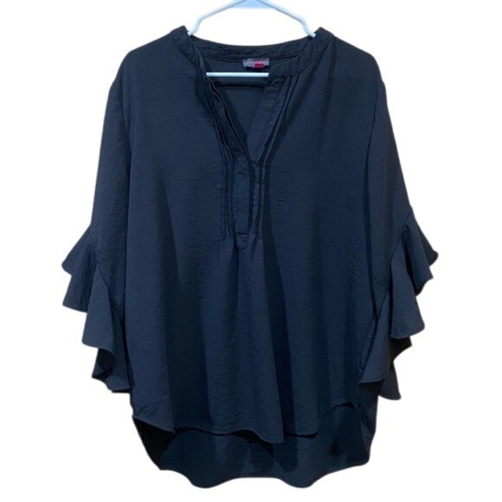 Vince Camuto Womens Black Ruffle Sleeve Split‎ Neck Pleated Blouse SZ XL  EUC